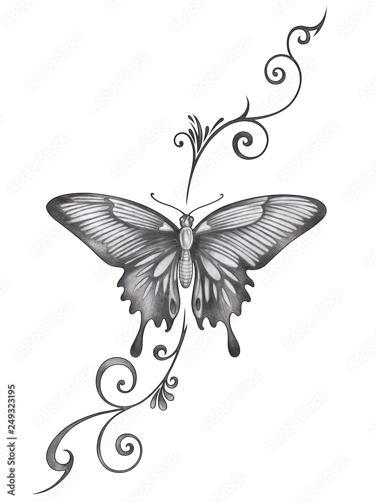 Art Butterfly Tattoo. Hand drawing on paper. Stock Illustration