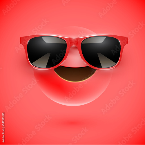 High-detailed 3D smiley with sunglasses on a colorful background, vector illustration