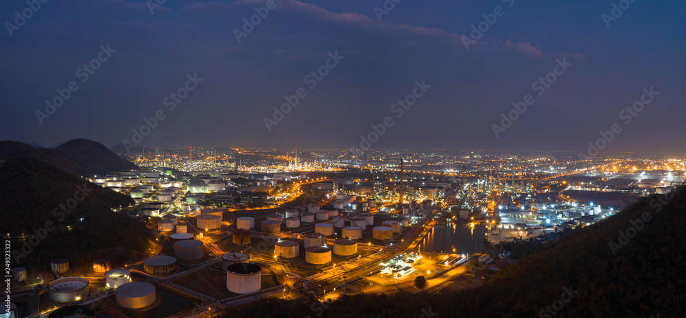 Aerial view. oil refinery factory and Oil industry at twilight. Petrochemical Industrial. Panorama