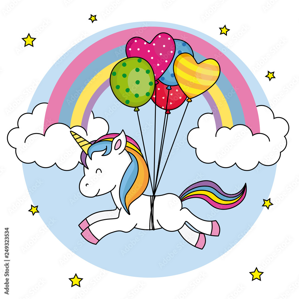 Cute unicorn flying with balloons and rainbow background Stock Vector ...