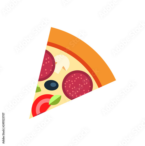 Slice of pizza with salami, olive and tomato, cheese and mushroom. Morsel cooking dish with meat, green with melted mozzarella, round baked dough vector