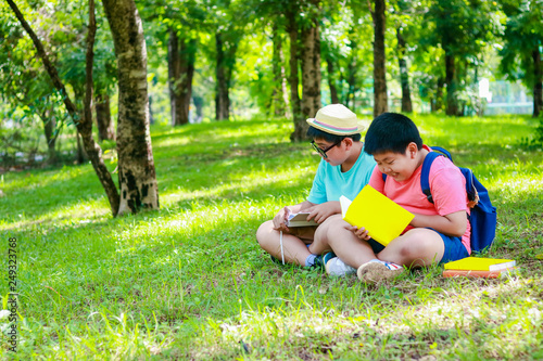 Two obese Asian children sit reading on grass.