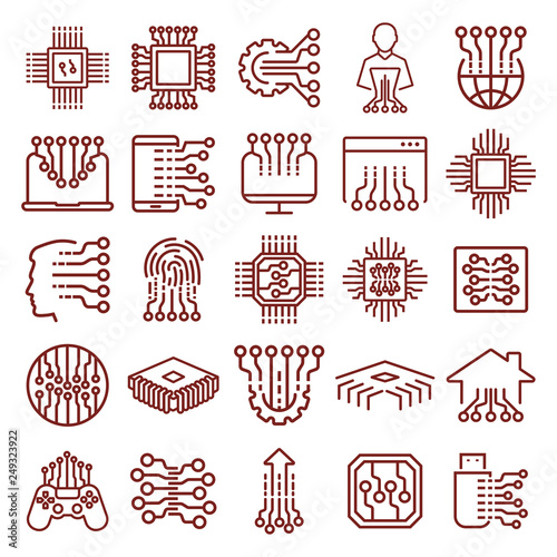 abstract electronics, chipset, circuit board. minimal thin line web icon set. simple vector illustration outline. concept for infographic, website or app.