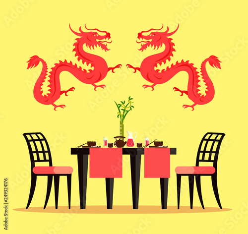 Chinese restaurant furniture and interior design vector. Table setting and chairs, dragons, bowls with chopsticks and teapot, cups and lemonade, bamboo