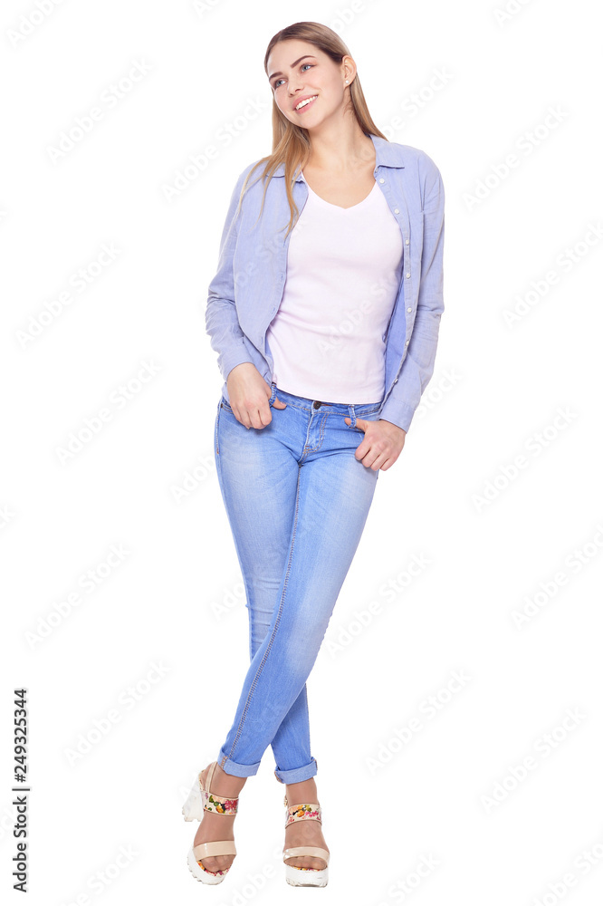 Portrait of beautiful woman in blue jeans posing isolate Portrait of beautiful woman in blue jeans posing isolate