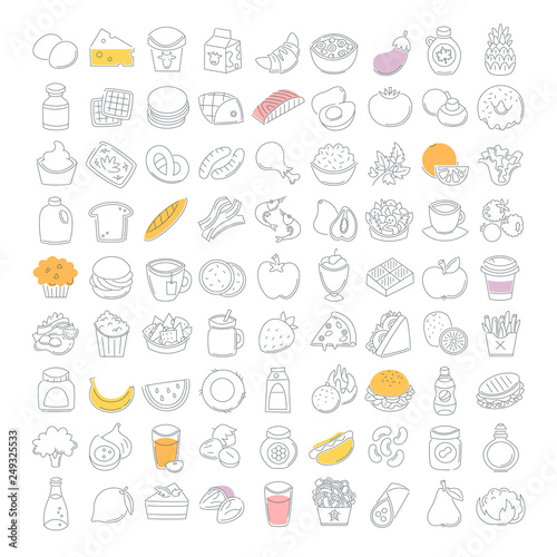 Set of line food icons. Bakery  dairy food  fruit and vegetables. Desserts  fast food and pasta images. Isolated vector icons on white background.