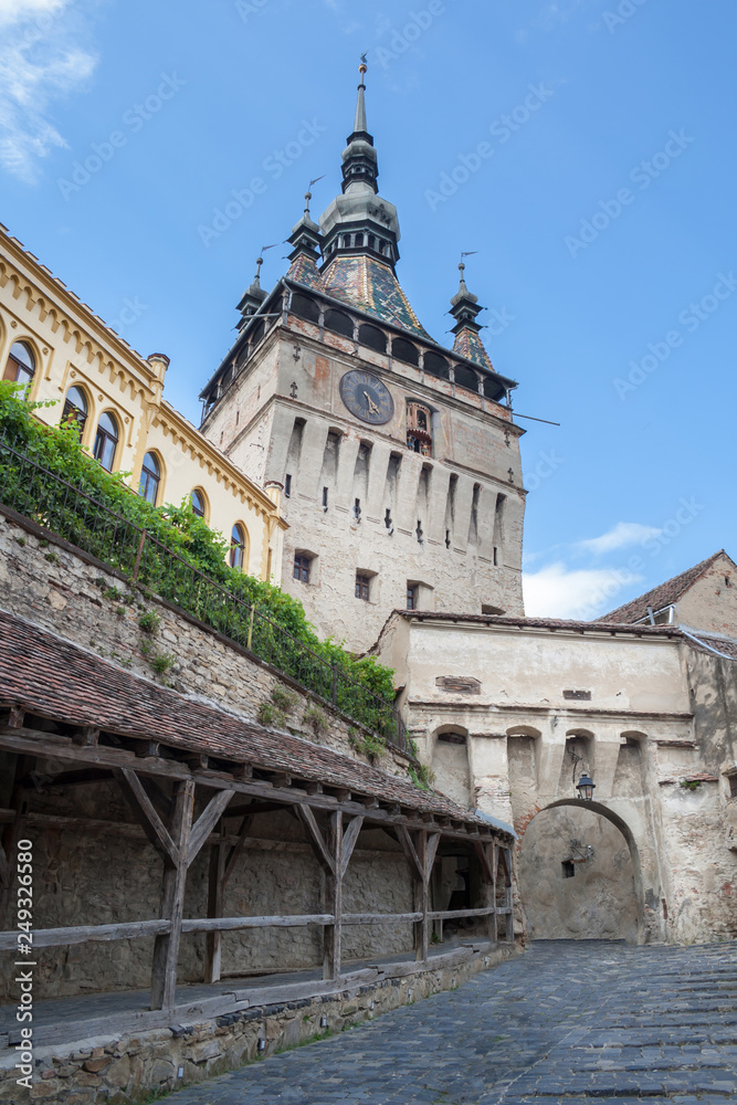Sighisoara medieval town, Romania. Medieval Clock Tower in Transylvania