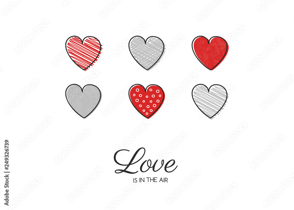 Concept of Valentine's Day greeting card with hand drawn hearts. Vector