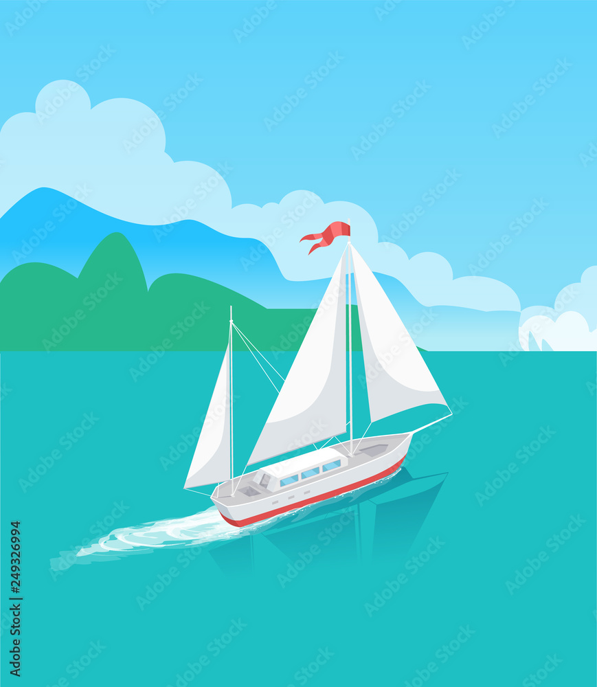 Ship or sailboat in ocean with trees on horizon. Marine vessel sailing in bay and leaving trace on water surface, tropical lagoon vector illustration.