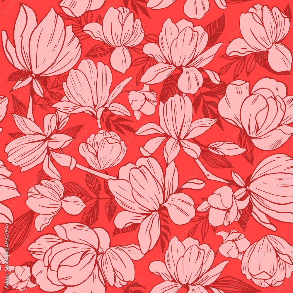 Seamless pattern with magnolia flowers. Vector illustration