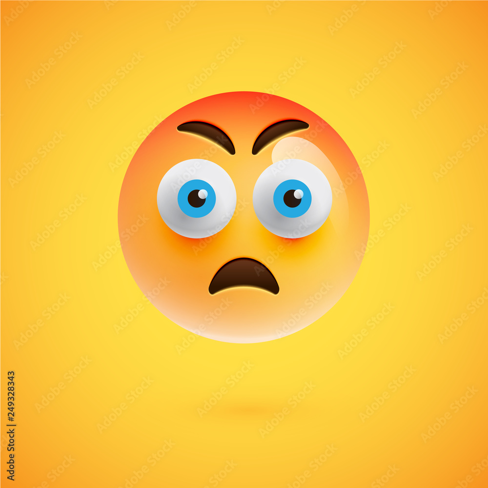 Realistic yellow emoticon in front of a yellow background, vector illustration