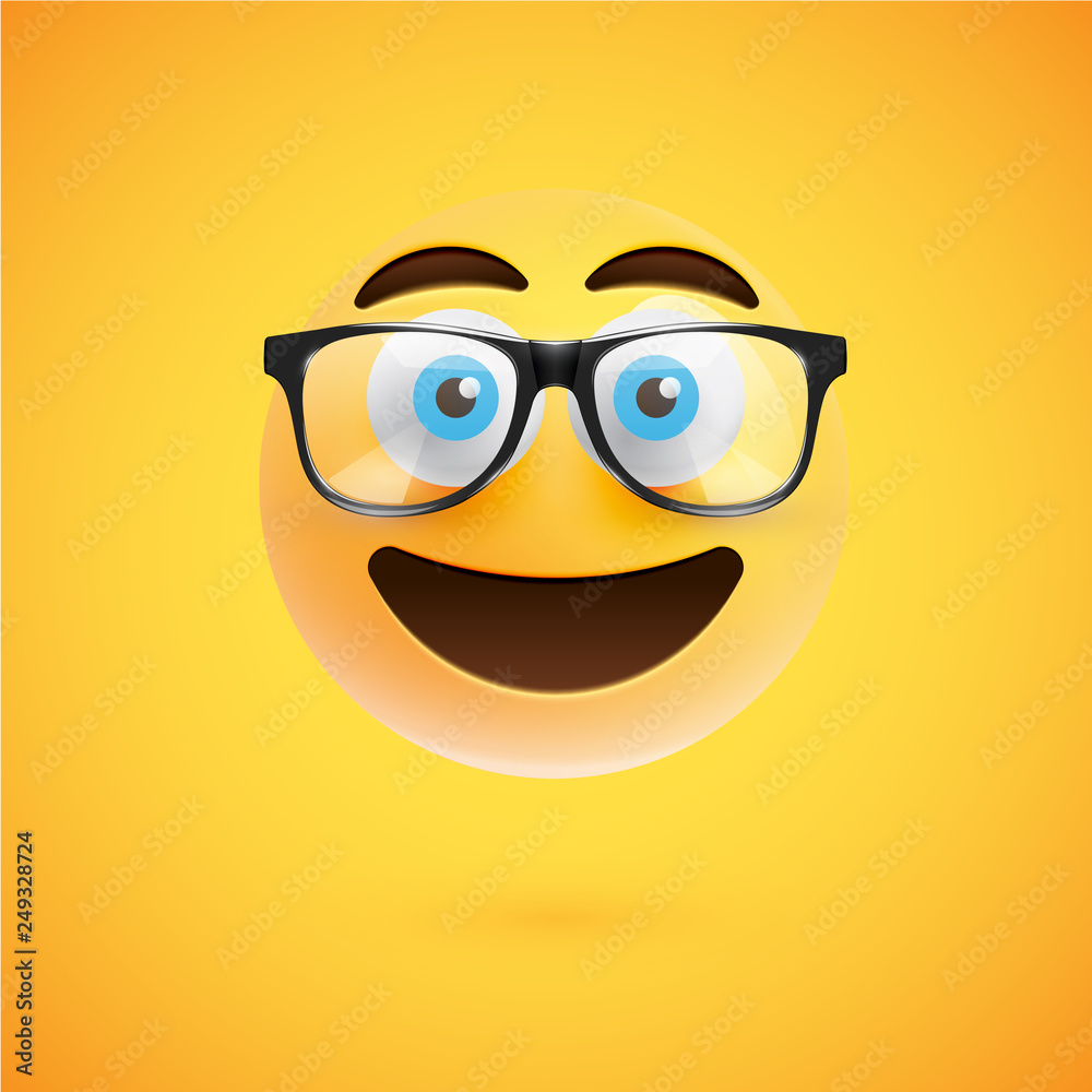 3D yellow emoticon with eyeglasses, vector illustration