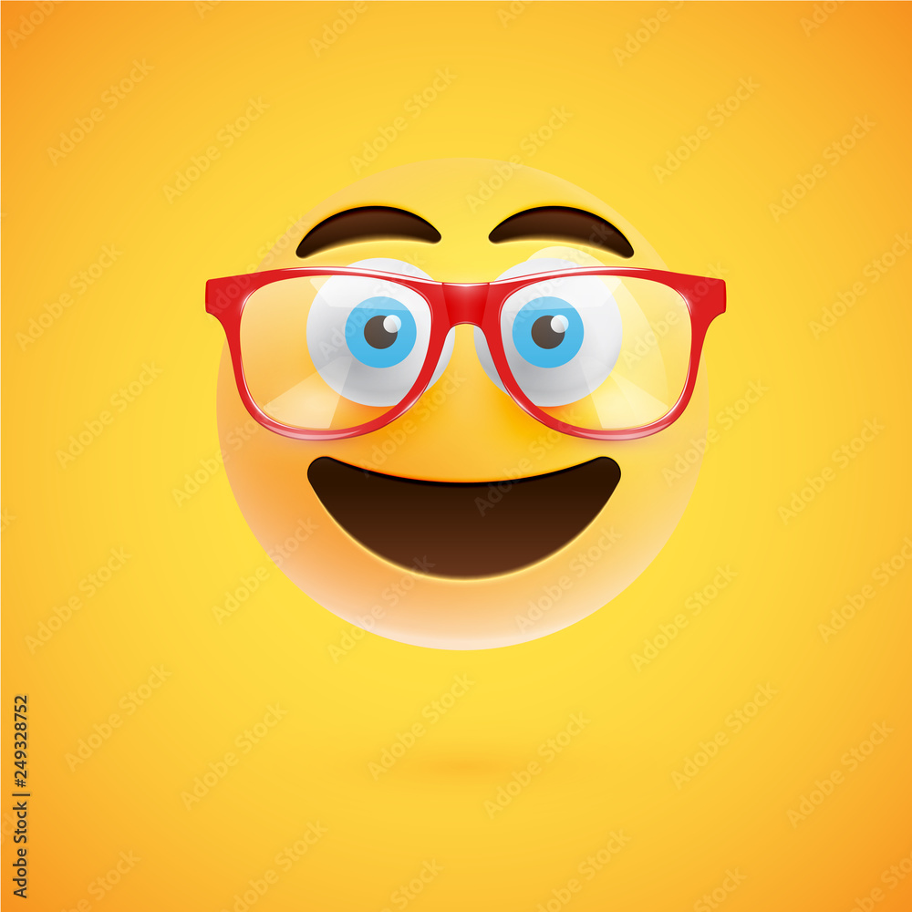 3D yellow emoticon with eyeglasses, vector illustration