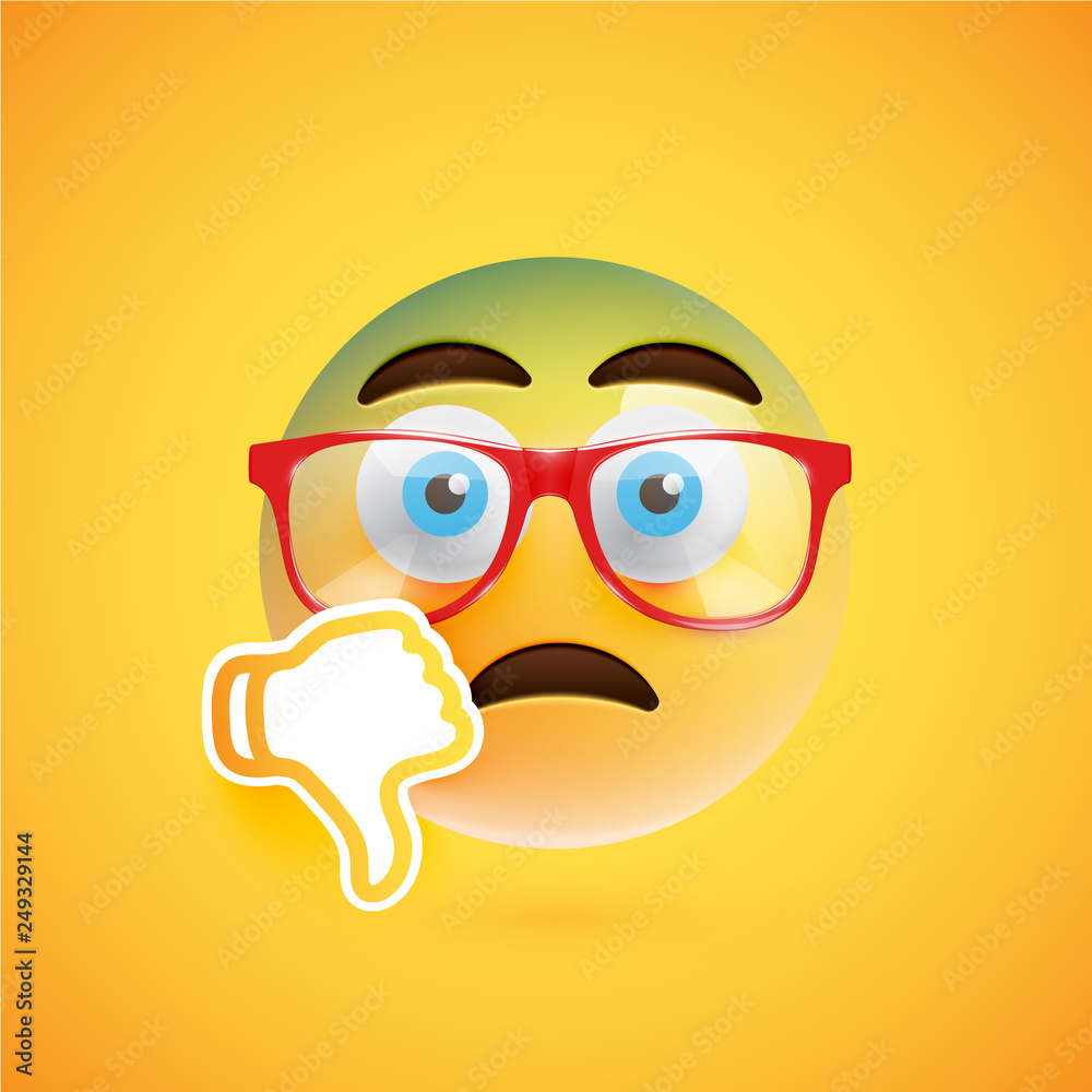 Obraz premium Emoticon with thumbs down and eyeglass, vector illustration
