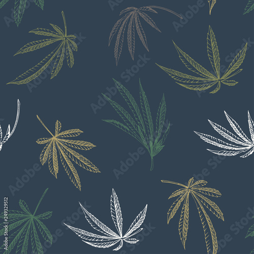 Vector Seamless pattern of hemp plant on a dark background cannabis texture