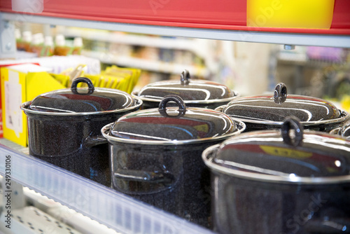 black enameled pans with lid in the store