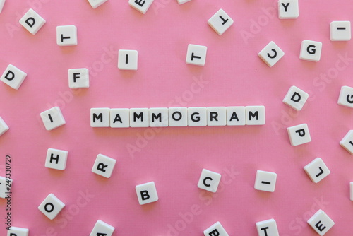 Mammogram word made of square letter word on pink background.
