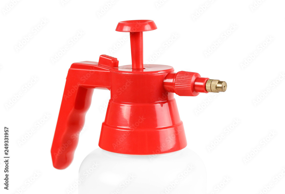 Red garden sprayer. Close up. Isolated on white background Red garden sprayer. Close up. Isolated on white background