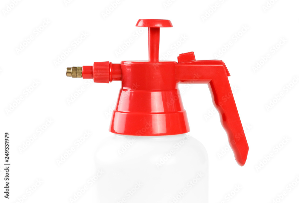 Red garden sprayer. Close up. Isolated on white background Red garden sprayer. Close up. Isolated on white background