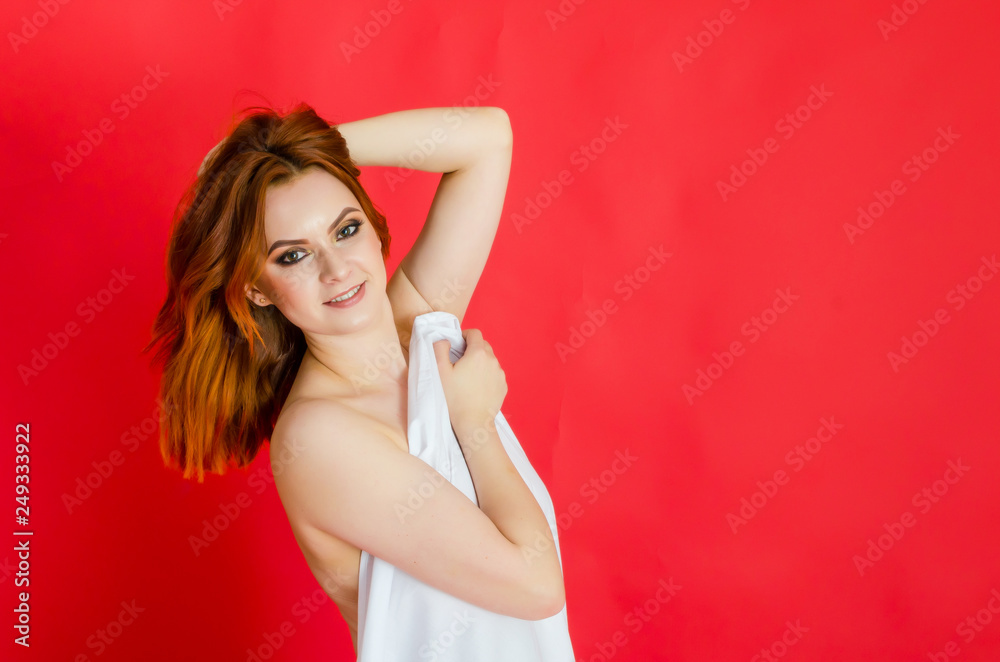 Sexy nude woman on red background. Cosmetology. Care. Women's health. Sexuality. Sexy nude woman on red background. Cosmetology. Care. Women's health. Sexuality.