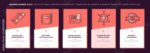 Ui kit banners of interior design process. Concept interior design in line icon style. Building process illustration. Trendy vector thin graphics. Mobile app template on coral background. Ui elements.