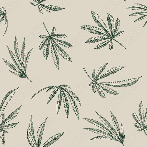 Vector outline Seamless pattern of hemp plant on a beige background cannabis texture photo