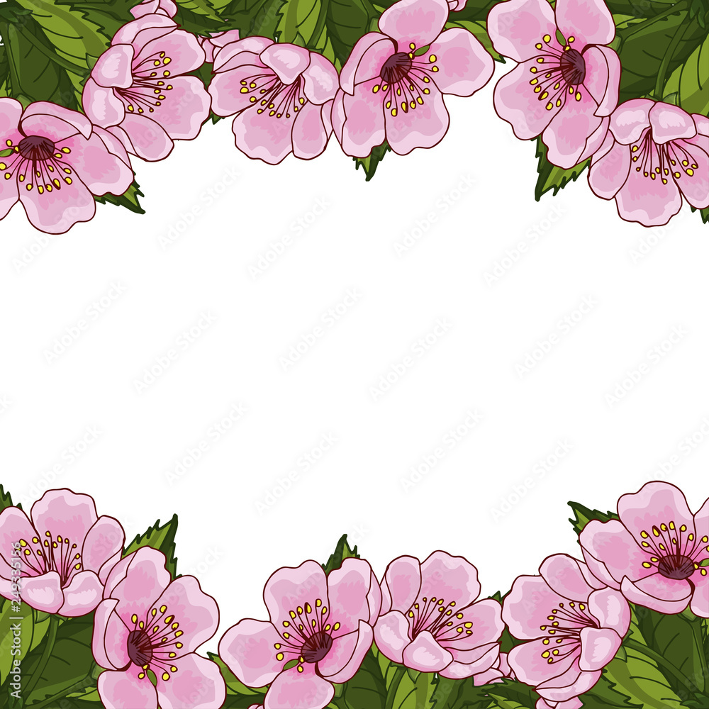 Frame for text with spring flowers of pink cherry, sakura, on a white background. Idea for design postcard, invitation, background, congratulation. Vector illustration EPS 10.