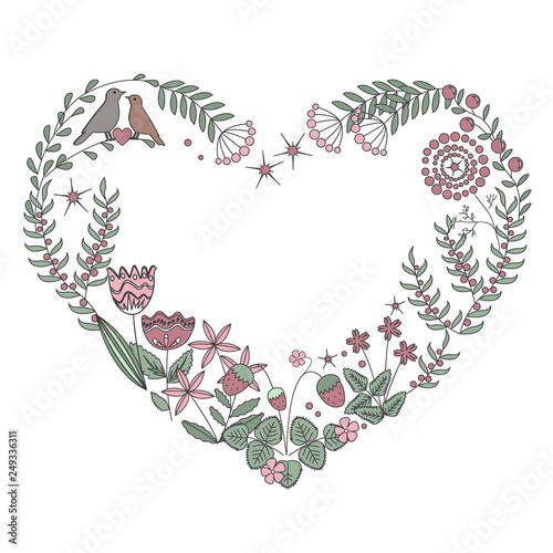 Floral heart frame with isolated flowers, herbs and leaves. Vector illustration.