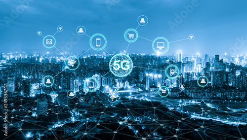 Wireless communication network concept.Panorama of Modern City