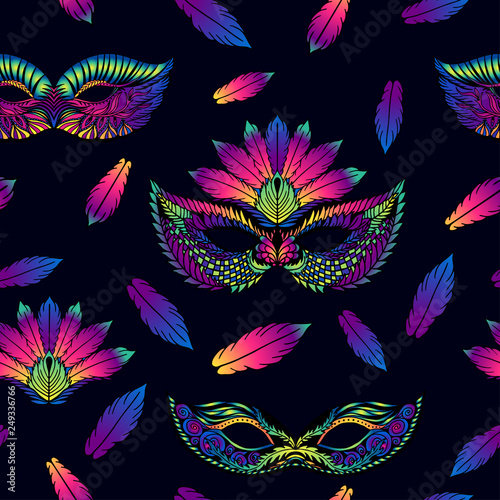 seamless vector pattern with colorful feathers and masks