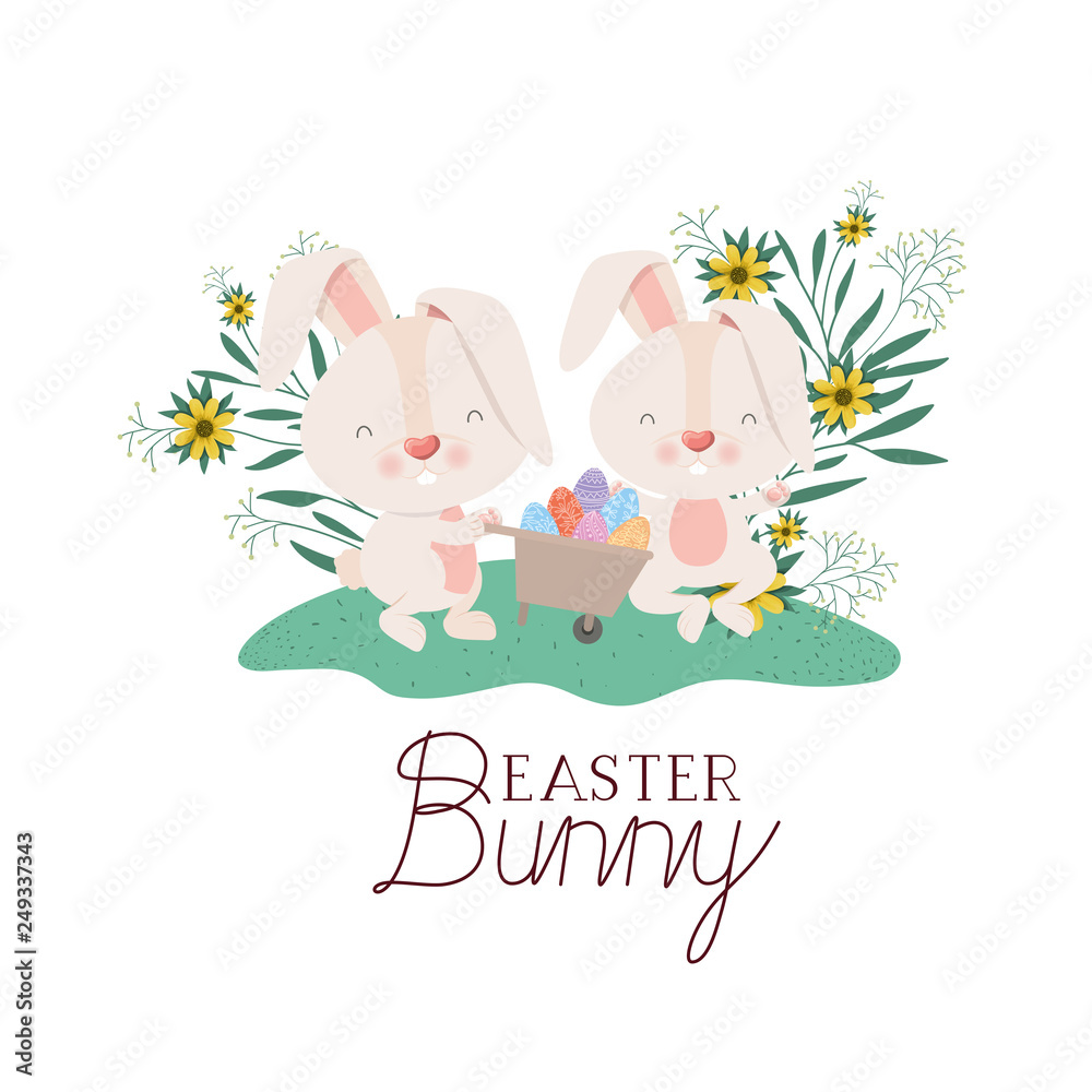 easter bunny label with egg and flowers icon