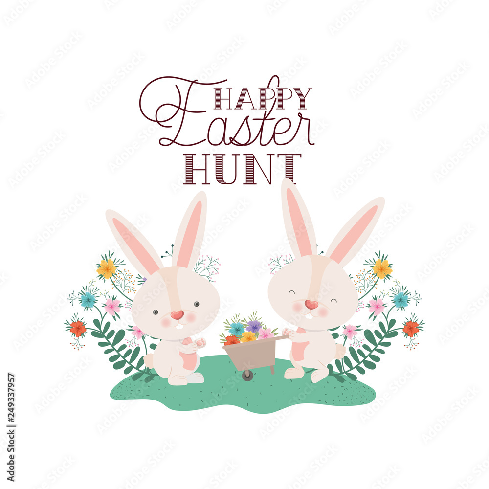 happy easter hunt label with egg and flowers icon happy easter hunt label with egg and flowers icon