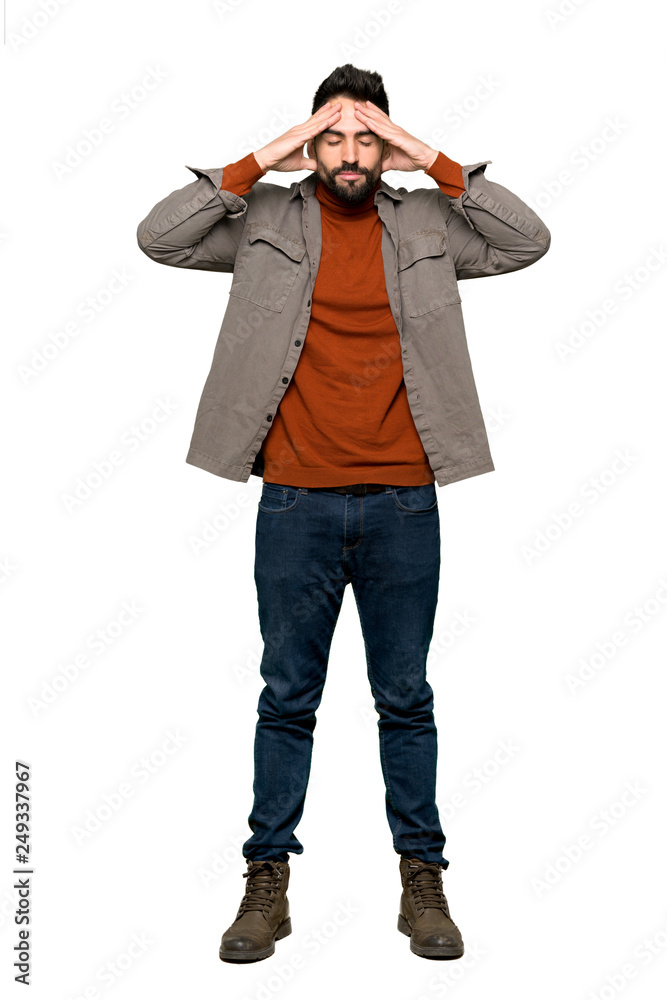 Full-length shot of Handsome man with beard unhappy and frustrated with something on isolated white background Full-length shot of Handsome man with beard unhappy and frustrated with something on isolated white background