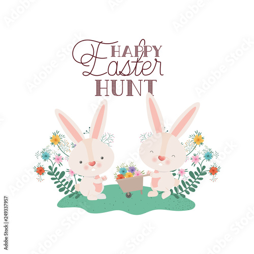 happy easter hunt label with egg and flowers icon