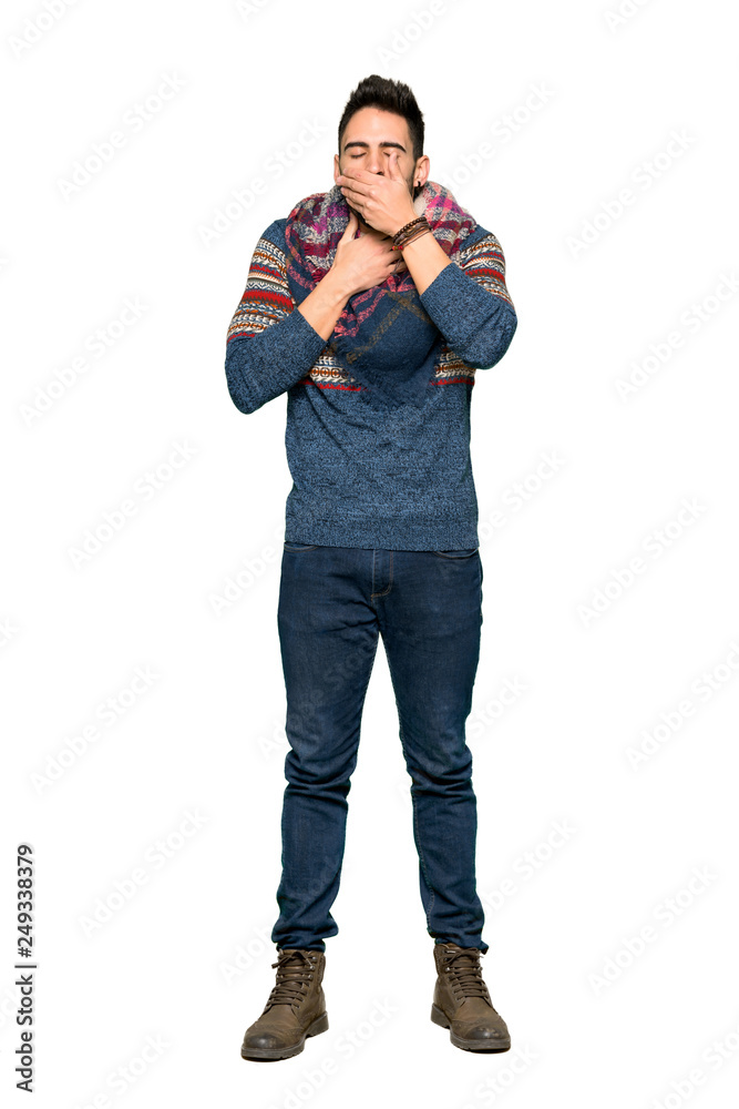 Full-length shot of Hippie man is suffering with cough and feeling bad on isolated white background Full-length shot of Hippie man is suffering with cough and feeling bad on isolated white background