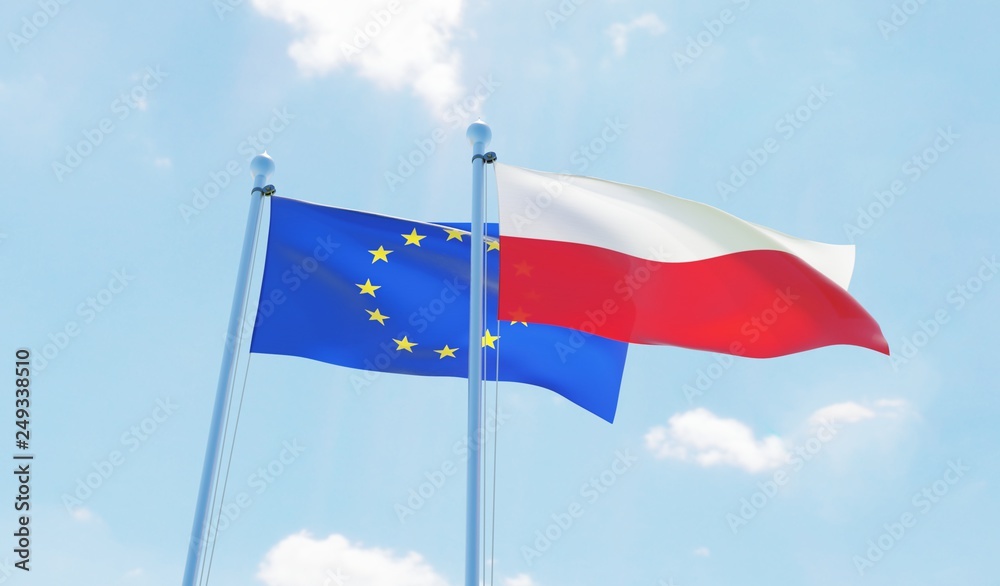 Poland and European Union, two flags waving against blue sky. 3d image