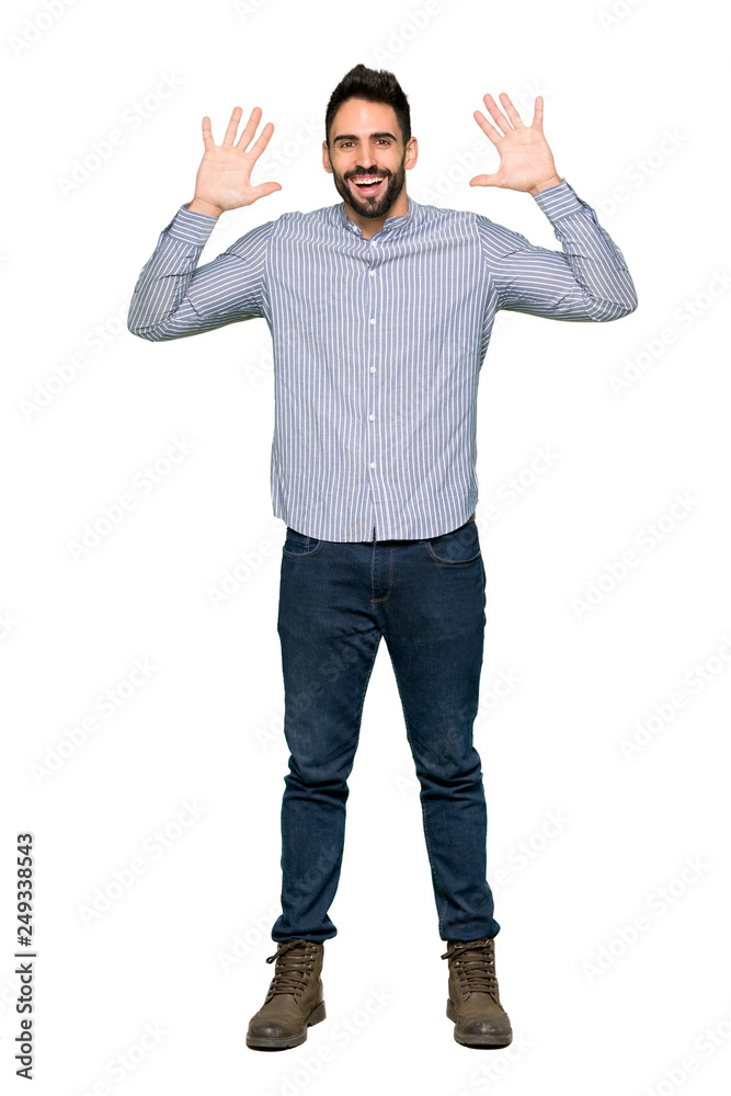 Full-length shot of Elegant man with shirt with surprise and shocked facial expression on isolated white background Full-length shot of Elegant man with shirt with surprise and shocked facial expression on isolated white background