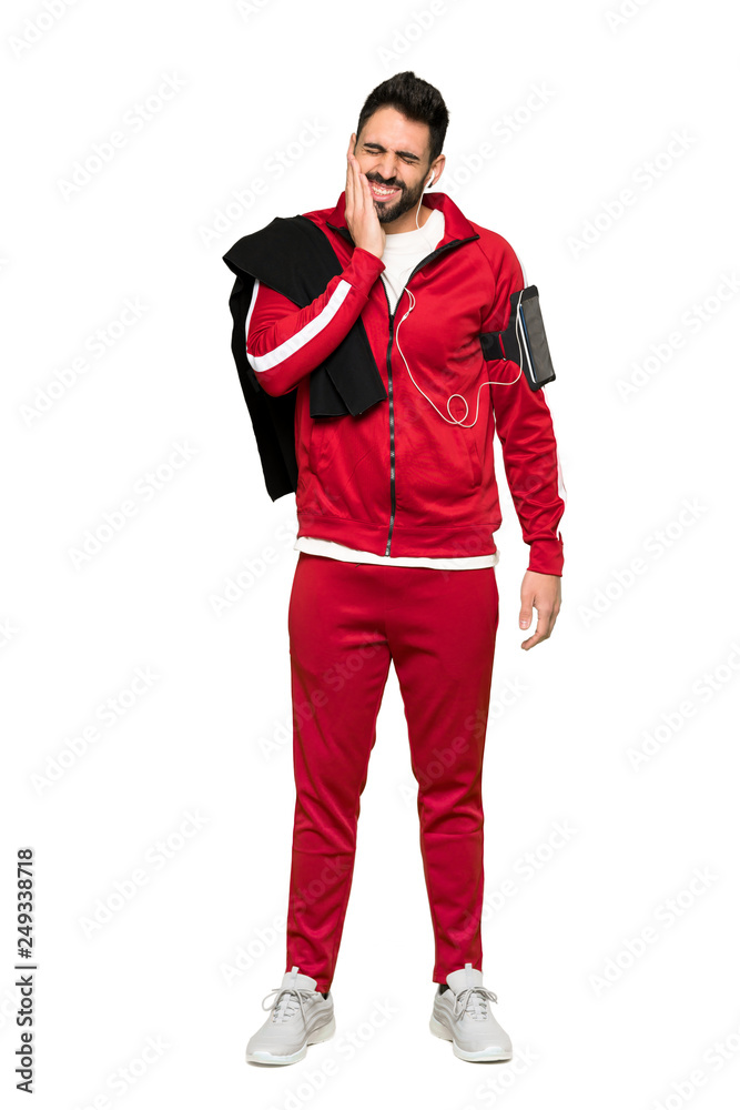 Full-length shot of Handsome sportman with toothache on isolated white background Full-length shot of Handsome sportman with toothache on isolated white background