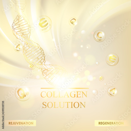 Concept Skincare Cosmetic. Regenerate cream and Vitamin Background. Sepia banner with a DNA molecule of polygons. Vector illustration.