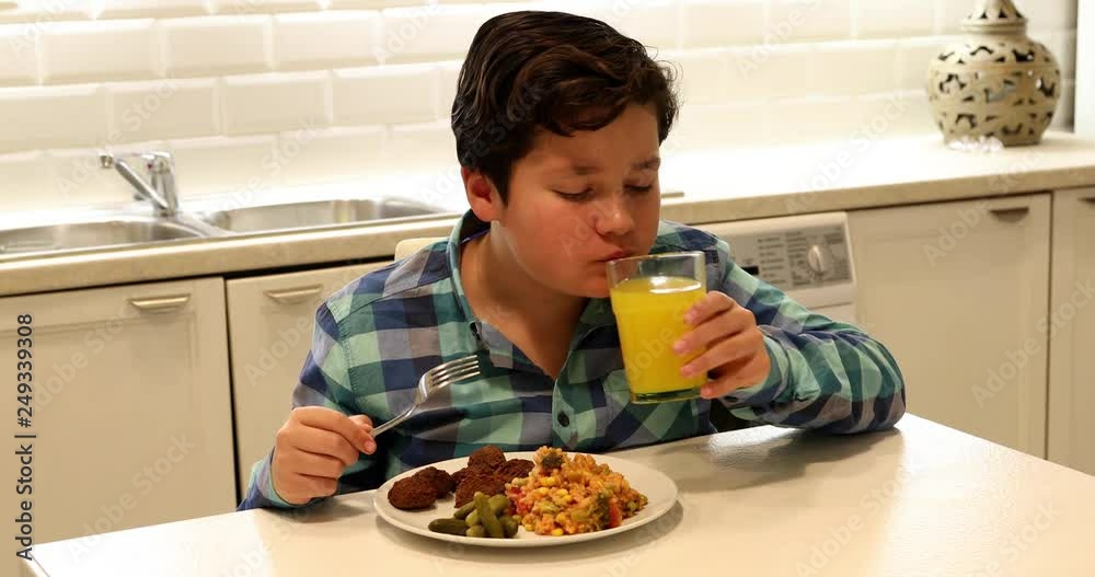 Portrait of a handsome, brunette boy eating meatballs and rice Portrait of a handsome, brunette boy eating meatballs and rice