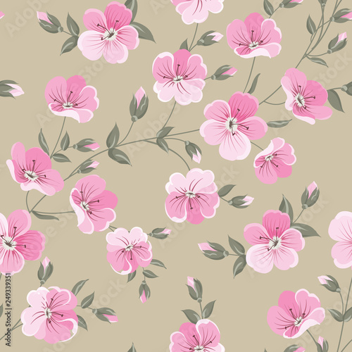 Linum seamless pattern for fabric swatches. Pattern with red flowers and small leaves. Vector illustration.