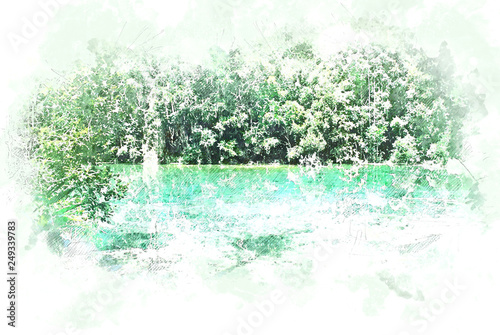 Abstract colorful river lake and tree in the forest on watercolor illustration painting background.