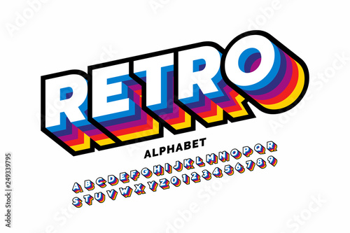 Retro style colorful font design, alphabet letters and numbers