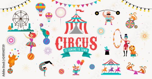 Circus banner and background with tent, monkey, air balloons, gymnastics, elephant on ball, lion, jugger and clown. Vector illustration