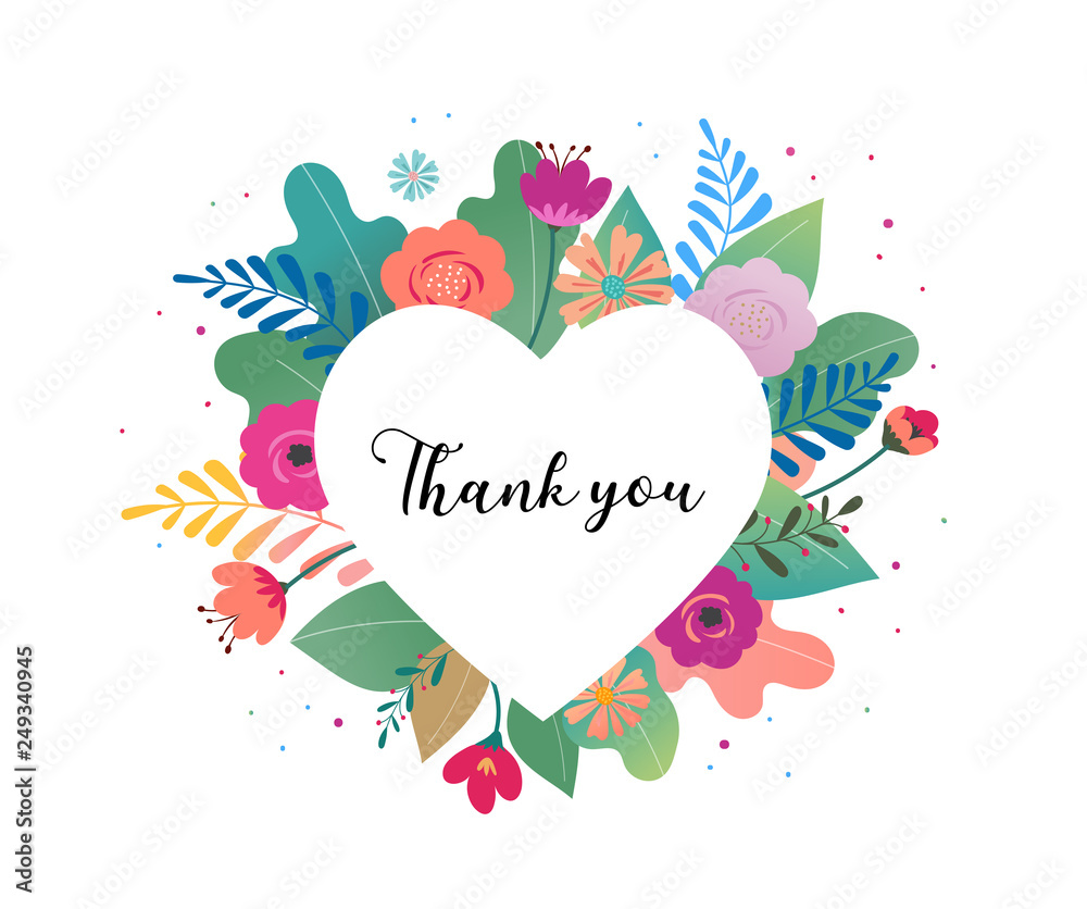 Thank you card. Big white heart with colorful flowers in background ...