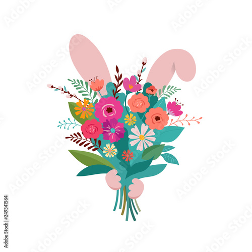 Bunny is hiding behind the flower bouquet. Spring and Easter concept illustration