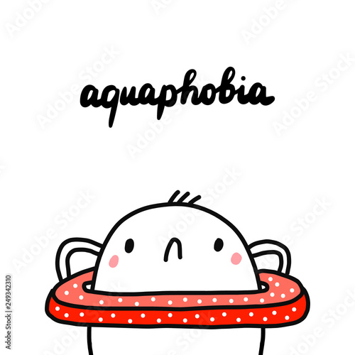 Aquaphobia hand drawn illustration with cute marshmallow holding swimming circle