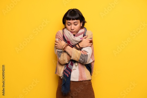Young woman with short hair freezing