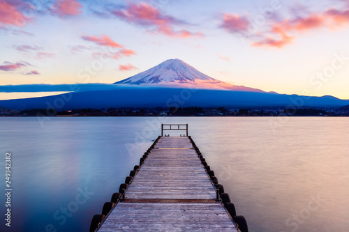 Mt. Fuji with a leading dock in Lake Kawaguchi, Japan 