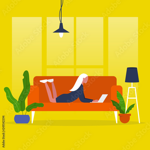 Young female manager lying on a sofa with a laptop. Modern office. Freelance. Daily routine. Millennial lifestyle. Flat editable vector illustration, clip art